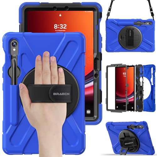 BRAECN Samsung Galaxy Tab S9 FE / S9 / S8 / S7 Hülle (SM-X510/X516/X518/X710/X716/X718/X700/T870), Heavy Duty Shockproof Sturdy Cover mit 360° drehbarer Handschlaufe & Kickstand, Schultergurt, Blau von BRAECN