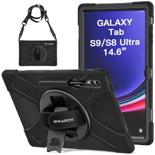 BRAECN Samsung Galaxy Tab S9 Ultra/Tab S8 Ultra Hülle 14.6 Zoll (SM-X910/X916/X918/X900/X906), Robuste Stoßfeste Schutzhülle mit 360°Drehbarer Handgurt und Ständer, Stifthalter, Schultergurt - Schwarz von BRAECN