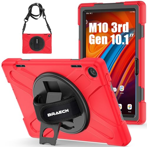 BRAECN Schutzhülle für Lenovo Tab M10 3rd Gen 10.1 Zoll 2022, Heavy Duty Rugged Schutzhülle mit 360° drehbarem Kickstand & Handschlaufe, Schultergurt für TB-328FU/TB-328XU, Rot von BRAECN