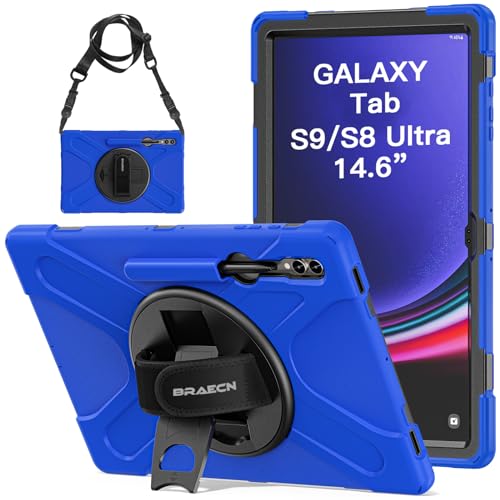 BRAECN Schutzhülle für Samsung Galaxy Tab S9 Ultra / S8 Ultra 14,6 Zoll SM-X910/X916/X918/X900/X906, strapazierfähig, stoßfest, robust, mit 360° drehbarer Handschlaufe & Ständer, Schultergurt, Blau von BRAECN