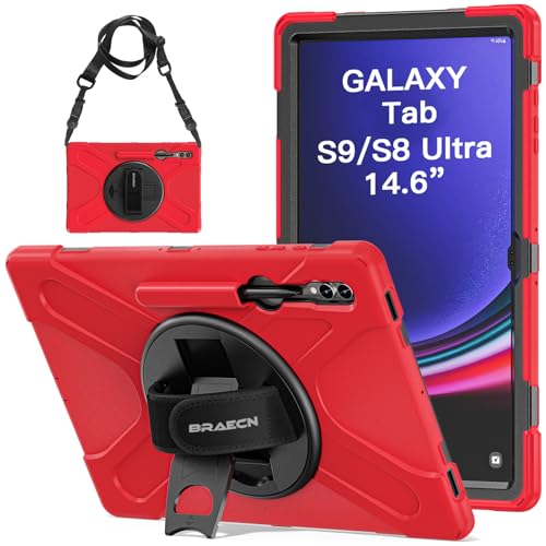 BRAECN Schutzhülle für Samsung Galaxy Tab S9 Ultra / S8 Ultra 14,6 Zoll SM-X910/X916/X918/X900/X906, strapazierfähig, stoßfest, robust, mit 360° drehbarer Handschlaufe & Ständer, Schultergurt, Rot von BRAECN