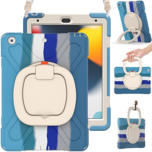BRAECN Schutzhülle für iPad 9. / 8. / 7. Generation (10,2 Zoll), robuste Silikonhülle mit Tragegurt, Stifthalter, Displayschutzfolie, klappbarem Griff, Ständer, für iPad 9/8/7 Generation, buntes Blau von BRAECN