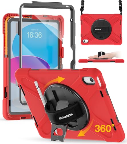 BRAECN für iPad (A16) 11/10 Generation Hülle, 2025/2022 11/10,9 Zoll, Robuste Stoßfeste Schutzhülle mit Displayschutz, 360° Drehbarer Handgurt und Ständer, Stifthalter, Schultergurt, Rot von BRAECN