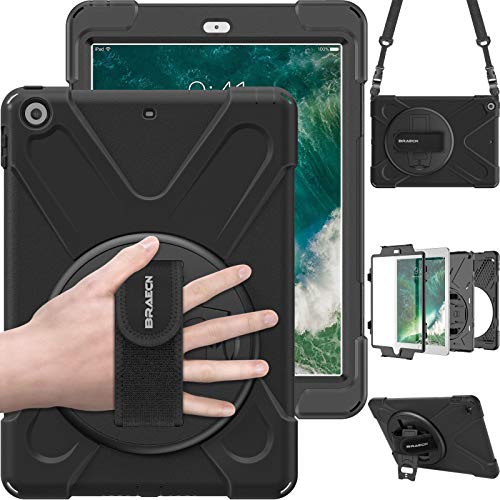 BRAECN Hülle für iPad Air 1 Generation 9.7" mit 360 Grad Drehbarem Ständer, Verstellbarer Handgurt/Schultergurt, Stoßfeste Robuste Tragbare Schutzhülle für iPad Air 2013(A1474/A1475/A1476) - Schwarz von BRAECN
