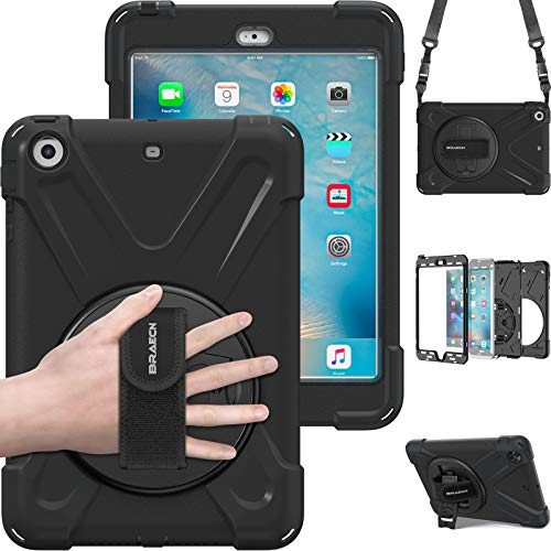 BRAECN iPad Mini 3 Hülle, iPad Mini 2 Hülle, iPad Mini 1 Hülle, Robuste Stoßfeste Schutzhülle mit 360° Drehbarer Handgurt und Ständer, Schultergurt für iPad Mini 2014/Mini 2013/Mini 2012 - Schwarz von BRAECN