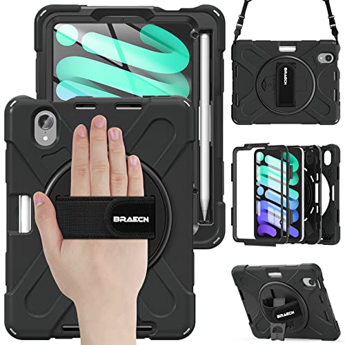 BRAECN Hülle für iPad Mini 7 A17 Pro 2024, iPad Mini 6 Hülle 8.3 Zoll 2021, Robuste Stoßfeste Schutzhülle mit Displayschutz, Stifthalter, 360° Drehbarer Ständer und Handgurt, Schultergurt, Schwarz von BRAECN