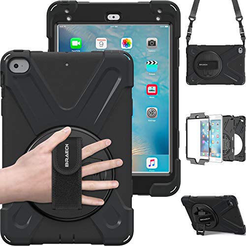 BRAECN Schuzhülle für iPad Mini 4, drei Schichten, robustes Design, mit 360-Grad-drehbarem Ständer, mit Handschlaufe und einem Schultergurt Schwarz von BRAECN