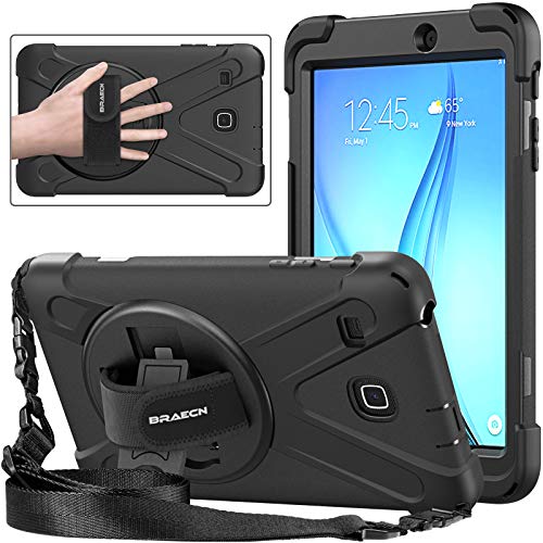 BRAECNstock Schutzhülle für Samsung Galaxy Tab E 8.0 T377, robust, stoßfest, strapazierfähig, mit Ständer, Handschlaufe, Schultergurt für SM-T377A, SM-T377V, SM-T377P, Schwarz von BRAECNstock