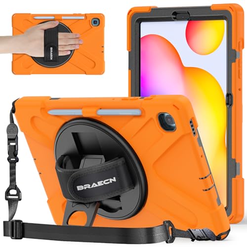 BRAECNstock Schutzhülle für Samsung Galaxy Tab S6 Lite 10.4 (10.4 Zoll), robust, mit Handschlaufe, Schultergurt, Ständer, Stifthalter für Galaxy Tab S6 Lite 10.4 Zoll 2020 SM-P610/P615 (Orange) von BRAECNstock