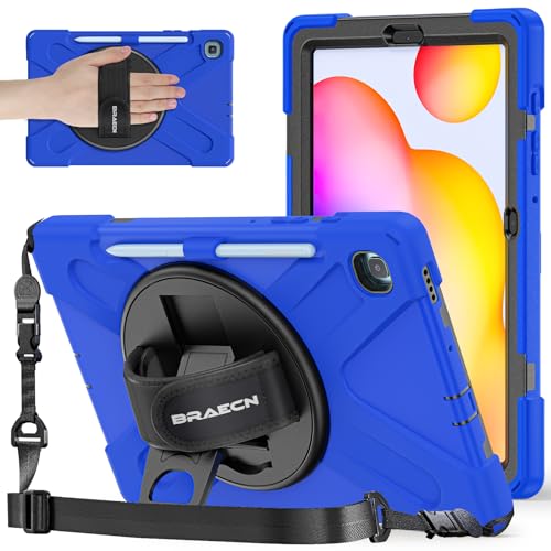 BRAECNstock Schutzhülle für Samsung Galaxy Tab S6 Lite 10.4 2020 SM-P610/P615, robust, mit 360 Grad drehbarem Ständer, Hand- und Schultergurt, Stifthalter Zoll (25,6 cm), Blau von BRAECNstock