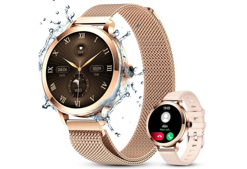 BRAIDOL Smartwatch Fitness Tracker Uhr für Damen mit Telefonfunktion Smartwatch (runde/1.1 Zoll AMOLED Full-Touch-Farbdisplay Zoll) Fitness Tracker Armbanduhr mit Blutsauerstoff,Blutdruck,Herzfrequenz,Frauengesundheit., IP68 wasserdichte Sportuhr mit 110+ Sportmodi und Doppelriemen, Mit Blutsauerstoff, Blutdruckmessung,Herzfrequenz usw, für Android IOS von BRAIDOL