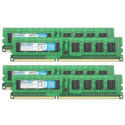 BRAINZAP 16GB (4X 4GB) DDR3 RAM DIMM PC3-10600U-09-10-A0 1Rx8 1333 MHz 1.5V CL9 Computer PC Arbeitsspeicher von BRAINZAP