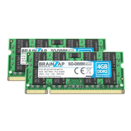 BRAINZAP 8GB DDR2 RAM SO-DIMM PC2-5300S 2Rx8 667 MHz 1.8V CL6 Notebook Laptop Arbeitsspeicher (2X 4GB) von BRAINZAP