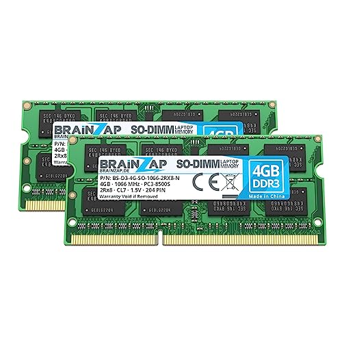 BRAINZAP 8GB DDR3 RAM SO-DIMM PC3-8500S 2Rx8 1066 MHz 1.5V CL7 Notebook Laptop Arbeitsspeicher (2X 4GB) von BRAINZAP
