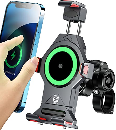 Aluminiumlegierung Motorrad Handyhalterung mit Qi 15W Wireless Charger & Vibrationsdämpfer, BRCOVAN IP66 wasserdicht 360 Drehung Einstellbar Metall Lenker Handy Halterung für 4.7-7.2 Zoll Smartphone von BRCOVAN