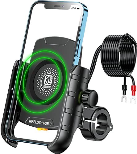 BRCOVAN Motorrad Handyhalterung mit Qi 15W kabellosem Ladegerät und USB-C 20W Ladeanschluss, 360 Drehung Outdoor Lenker Handy Halterung für 4-8 Zoll Smartphones von BRCOVAN