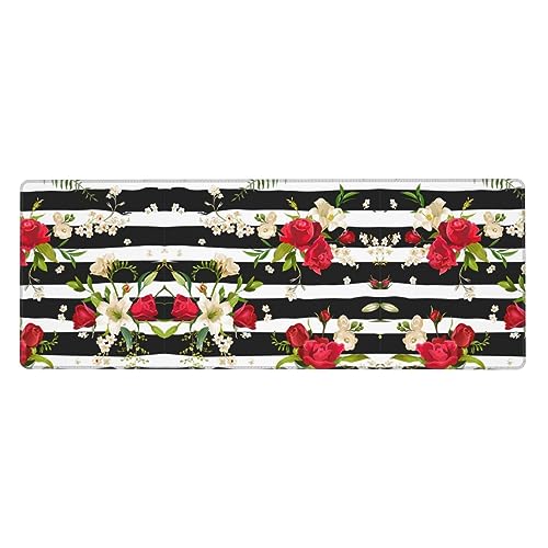 Mauspad mit schwarz-weißen Streifen, roten Rosen und Blumen, rutschfestes Gummi-Pad, Laptop-Schreibtischunterlage, Computer- und Spiel-Handgelenkschutz von BREAUX