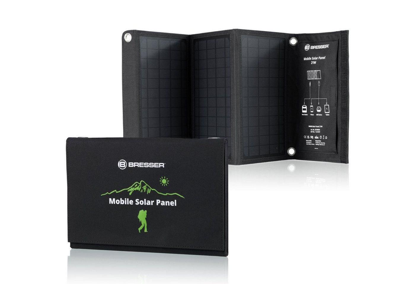 BRESSER Mobiles Solar-Ladegerät 21 Watt mit USB- u. DC-Anschluss Solarladegerät von BRESSER