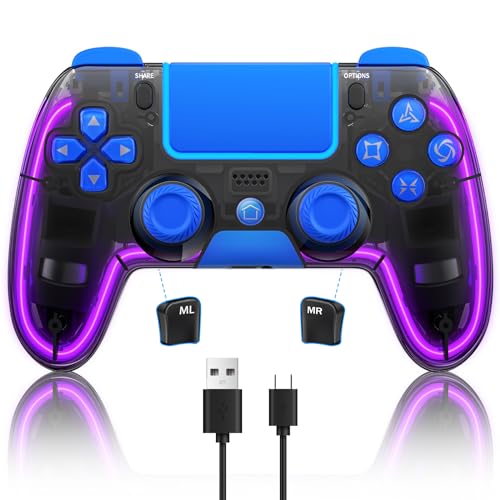 Kabelloser Controller für PS4 mit Hall 3D Remote Joystick / Touchpad / LED-Lichtern, benutzerdefinierter klarer PS4-Fernbedienungs-Game-Controller für PlayStation 4 Zubehör (blau) von BRHE