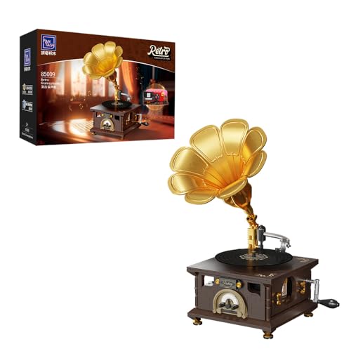 PANTASY Retro-Phonograph-Bausatz, Grammophon-Musikbox-Baukasten, Vintage-Musikspieler-Baustein-Set, Grammophon-Bausteinmodell-Set von BRICKKK