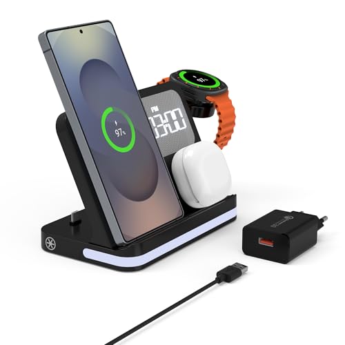 4-in-1 Ladestation Kompatibel mit Samsung Geräte mit Wecker & LED Licht - Kabelloses Schnellladegerät - Für Galaxy S25/Z Flip 6, Watch 7/Ultra, Buds 3 Pro - Schreibtisch & Nachttisch Organizer von BRIMFORD