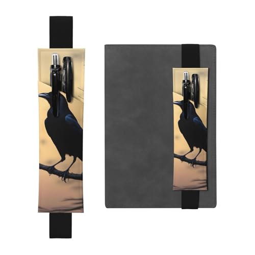 Schwarzer Leder-Stifthalter, Lesezeichen, verstellbar, 21,1–4,6 cm, geeignet für die meisten Notizbücher, Tagebücher, Handbücher, Planer, schwarze Krähenvögel von BROLEO