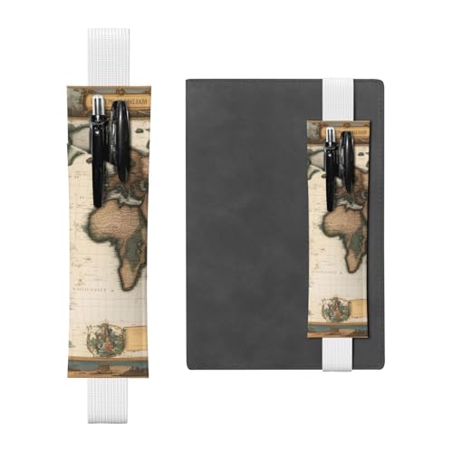 Weißes Leder-Stifthalter, Lesezeichen, verstellbar, 21,1–4,6 cm, geeignet für die meisten Notizbücher, Tagebücher, Handbücher, Planer, Weltkarten-Muster von BROLEO