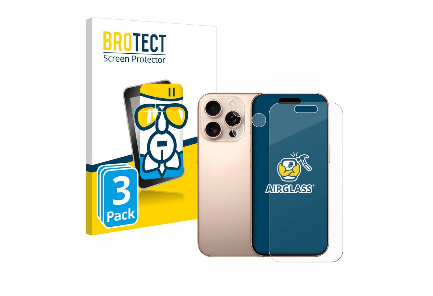 BROTECT Displayschutzglas Schutzglas für Apple iPhone 16 Pro (Display+Kamera), 3 Stück, Schutzfolie Display Schutz Glas Folie klar von BROTECT