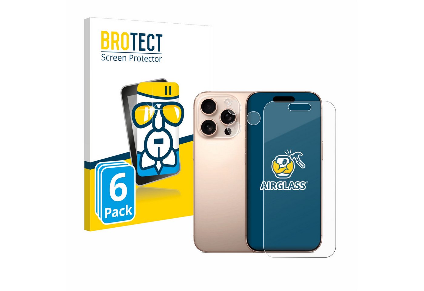 BROTECT Displayschutzglas Schutzglas für Apple iPhone 16 Pro (Display+Kamera), 6 Stück, Schutzfolie Display Schutz Glas Folie klar von BROTECT