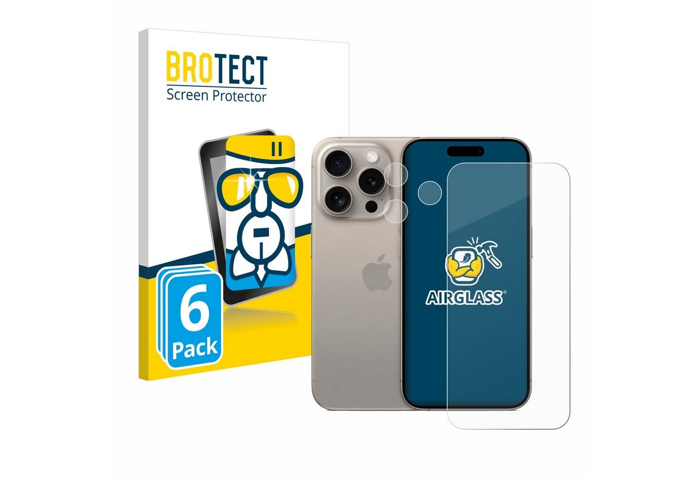 BROTECT Displayschutzglas Schutzglas für Apple iPhone 15 Pro (Display+Kamera), 6 Stück, Schutzfolie Display Schutz Glas Folie klar von BROTECT