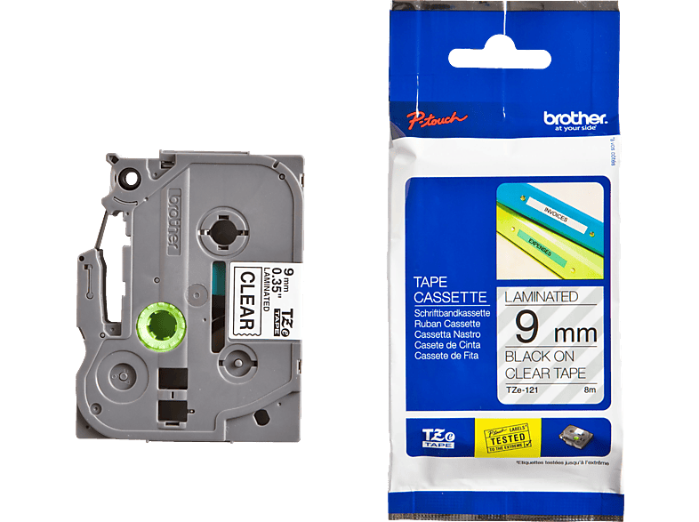 BROTHER Brother TZe-121 Schriftband – schwarz auf transparent, 9 mm Laminiertes breit, 8 m lang Schwarze Schrift transparentem Band von BROTHER