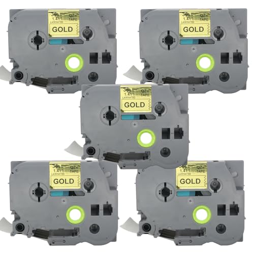 BROVACS 5 Packung Schwarz auf Gold Laminiertes Etikettenband Kompatibel mit Brother P-Touch Etikettendrucker TZ 861 TZe 861 36mm 1 1/2" OPA4861x5 von BROVACS