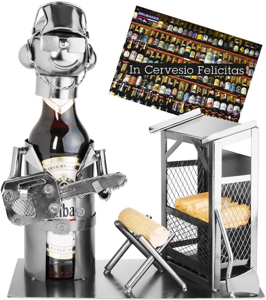 BRUBAKER Flaschenhalter Baumfäller Bierhalter, (1-St., inklusive Grußkarte), Metall Skulptur, Bier Geschenk für Männer, Bierflaschenhalter Sägen von BRUBAKER