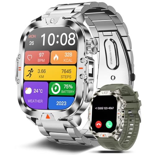 BRUBOSES Smartwatch Herren Militär Fitnessuhr mit Telefonfunktion, Anrufe tätigen/empfangen, IP68 Wasserdicht, 170+ Sportmodi, Puls Schlaf Monitor, Schrittzähler, Uhr für Android iOS,Silbern von BRUBOSES