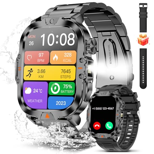 BRUBOSES Smartwatch Herren Militär Fitnessuhr mit Telefonfunktion, Anrufe tätigen/empfangen, IP68 Wasserdicht, 170+ Sportmodi, Puls Schlaf Monitor, Schrittzähler, Uhr für Android iOS,Schwarz BRUBOSES Smartwatch Herren Militär Fitnessuhr mit Telefonfunktion, Anrufe tätigen/empfangen, IP68 Wasserdicht, 170+ Sportmodi, Puls Schlaf Monitor, Schrittzähler, Uhr für Android iOS,Schwarz von BRUBOSES