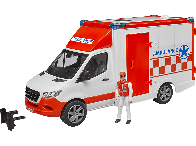 BRUDER MB Sprinter Ambulanz mit Fahrer und Light + Sound Modul Spielzeugauto, Rot/Weiß von BRUDER
