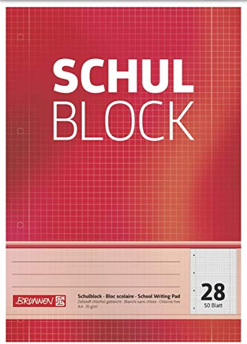 Brunnen 1052528 Schulblock/Notizblock (A4, 50 Blatt, kariert, mit Randlinien, Lineatur 28, gelocht, kopfverleimt, 70 g/m²) (10) von BRUNNEN