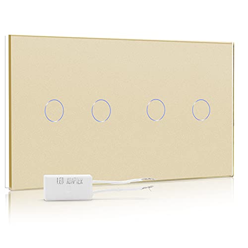 BSEED Dimmer Schalter Led Dimmer Touch Lichtschalter 2-fach 1 weg +2-fach 1 weg Glas Touch Schalter Gold Touchscreen-Funktioniert mit dimmer LED-Glühlampen von BSEED