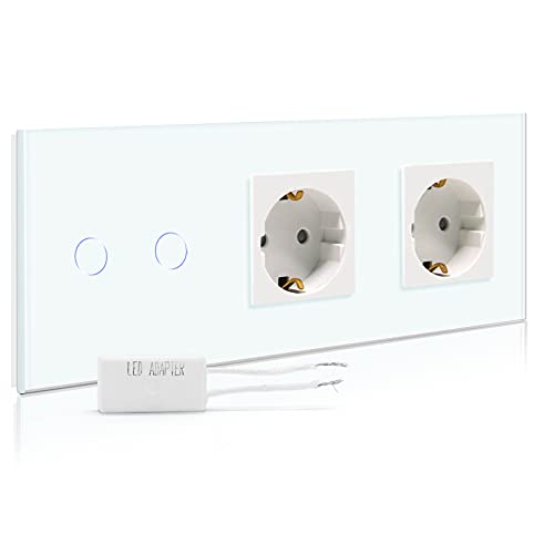 BSEED Dimmer Schalter mit Schuko Steckdose, Unterputz Dimmer Lichtschalter mit dimmer LED-Glühlampen, 2 Fach 1 Weg Glas Dimmer Lichtschalter mit Doppelt Wandsteckdosen Weiß 228mm von BSEED