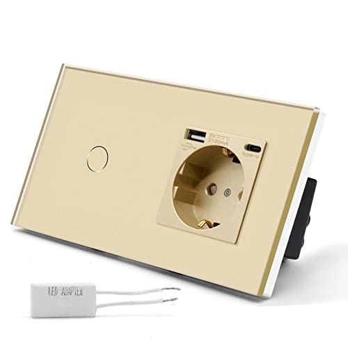 BSEED Dimmer Touch Schalter mit Schuko Steckdose 3 in 1 + 2.1A USB Ladeleistung + Type C Adapter, 1 Fach 2 Weg Wandschalter (kein Wlan) Glas Platten Funktioniert mit LED-Lichtern Gold von BSEED