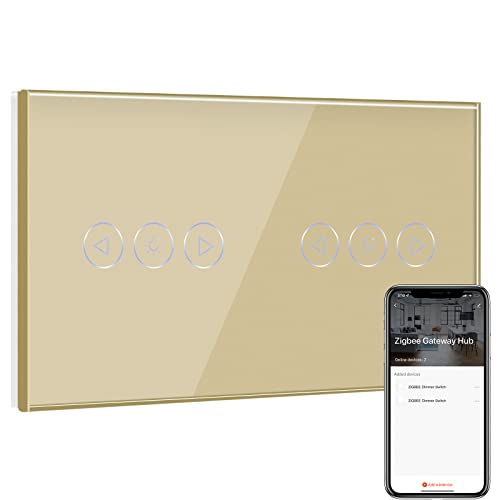 BSEED Doppel Smart ZigBee Dimmer Schalter für Led Lampe, Smart Home ZigBee Schalter, Wlan Schalter, Wandschalter Lichtschalter Unterputz Glas arbeitet Smart Life/Tuya, Alexa Gold(Hub erforderlich) von BSEED