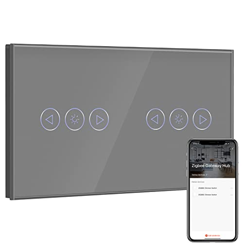 BSEED Doppel Smart ZigBee Dimmer Schalter für Led Lampe, Smart Home ZigBee Schalter, Wlan Schalter, Wandschalter Lichtschalter Unterputz Glas arbeitet Smart Life/Tuya, Alexa Grau(Hub erforderlich) von BSEED