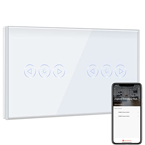 BSEED Doppel Smart ZigBee Dimmer Schalter für Led Lampe, Smart Home ZigBee Schalter, Wlan Schalter, Wandschalter Lichtschalter Unterputz Glas arbeitet Smart Life/Tuya, Alexa Weiß(Hub erforderlich) von BSEED