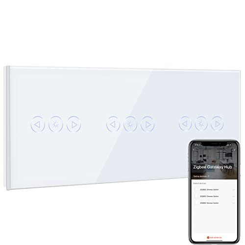 BSEED Tripel Smart ZigBee Dimmer Schalter für Led Lampe, Smart Home ZigBee Schalter, Wlan Schalter, Wandschalter Lichtschalter Unterputz Glas arbeitet Smart Life/Tuya, Alexa Weiß(Hub erforderlich) von BSEED