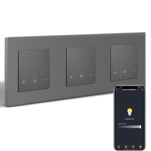 BSEED Tripel WiFi Dimmer Schalter,1 Fach 1 Weg Smart Dimmschalter,Kompatibel mit Amazon Alexa & Google Home,Lichtschalter Dimmbar für led lampen 240V Grau(Neutralleiter Erforderlich) von BSEED