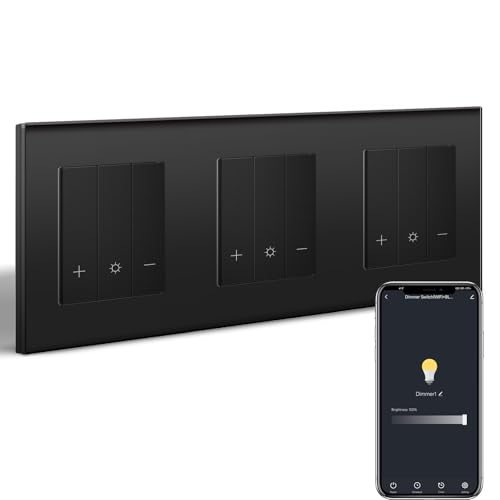 BSEED Tripel WiFi Dimmer Schalter,1 Fach 1 Weg Smart Dimmschalter,Kompatibel mit Amazon Alexa & Google Home,Lichtschalter Dimmbar für led lampen 240V Schwarz(Neutralleiter Erforderlich) von BSEED