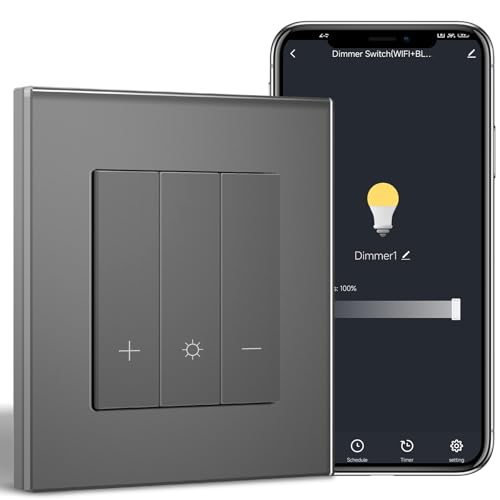 BSEED WiFi Dimmer Schalter,1 Fach 1 Weg Smart Dimmschalter,Kompatibel mit Amazon Alexa & Google Home,Lichtschalter Dimmbar für led lampen 240V Grau(Neutralleiter Erforderlich) von BSEED