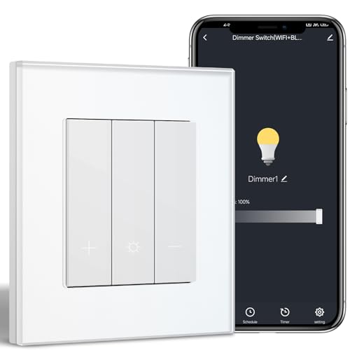 BSEED WiFi Dimmer Schalter,1 Fach 1 Weg Smart Dimmschalter,Kompatibel mit Amazon Alexa & Google Home,Lichtschalter Dimmbar für led lampen 240V Weiß(Neutralleiter Erforderlich) von BSEED