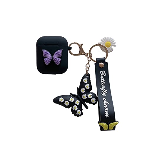 BSFHQS Airpods Hülle, 3D Schmetterling Silikon Airpods Hülle mit Schlüsselanhänger Kompatibel mit Apple Airpods 2 & 1 Ladehülle - Schwarz für süße Mädchen Kinder Frauen von BSFHQS