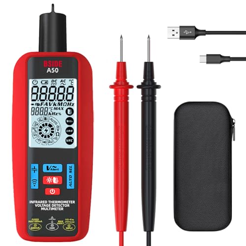 BSIDE A50 Digital Multimeter Messgerät Wiederaufladbar mit Infrarot Thermometer 6000 Zähler, Smart Voltmeter Amperemeter Spannung Strom Widerstand Durchgang Hz Tastverhältnis NCV Kapazitätsmessung BSIDE A50 Digital Multimeter Messgerät Wiederaufladbar mit Infrarot Thermometer 6000 Zähler, Smart Voltmeter Amperemeter Spannung Strom Widerstand Durchgang Hz Tastverhältnis NCV Kapazitätsmessung von BSIDE